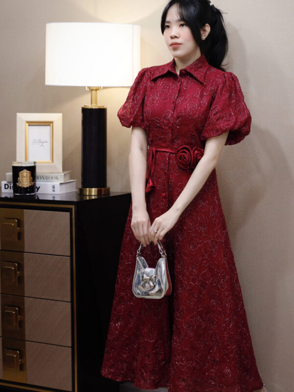Váy Midi Thêu Hoa Nổi Cổ Sơ Mi Chiết Eo Tay Phồng Sang Trọng - Hình ảnh 2