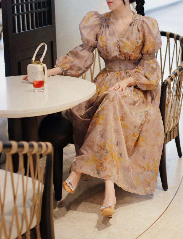 Váy Midi Voan Hoa Cổ Tim Nhún Vai Tay Dài - Phong Cách Thanh Lịch Cho Nàng - Ảnh 2