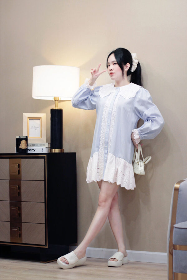 Váy babydoll nữ cổ ren tiểu thư dáng suông rộng rãi, tay bồng điệu đà - Mặc nhà, đi chơi, du lịch đều xinh - Hình ảnh 8