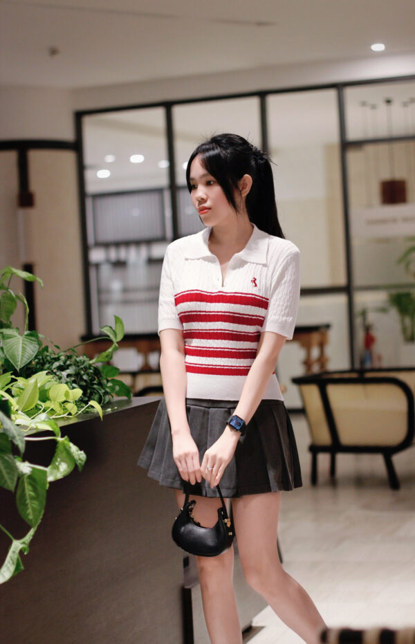 Áo Len Polo Nút Dọc Phối Sọc Tay Ngắn Phong Cách Thời Trang Trẻ Trung - Hình ảnh 4