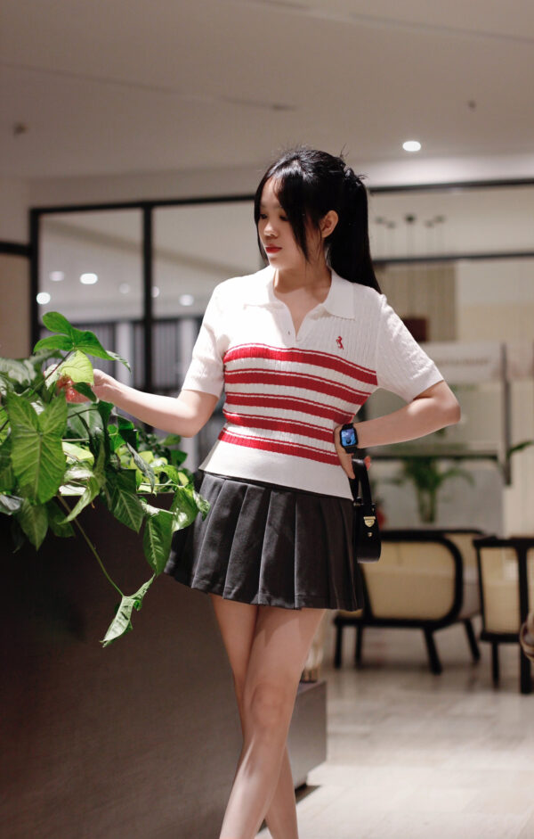 Áo Len Polo Nút Dọc Phối Sọc Tay Ngắn Phong Cách Thời Trang Trẻ Trung - Hình ảnh 2