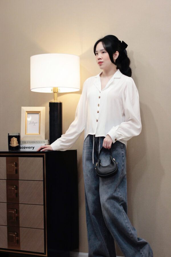Áo Sơ Mi Cổ Đức Form Croptop Khuy Dọc Tay Dài Lụa Cát Thanh Lịch - Hình ảnh 7