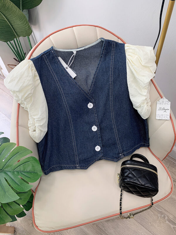 Áo Sơ Mi Kiểu Jean Cổ Tim Nút Dọc Tay Hến Bo Chun Thanh Lịch - Hình ảnh 2