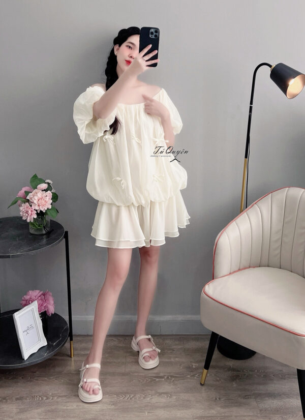 Áo Váy Trễ Vai Đính Nơ Tay Ngắn Bo Chun - Thiết Kế Đuôi Cá, Chất Voan Mềm Mại - Ảnh 10