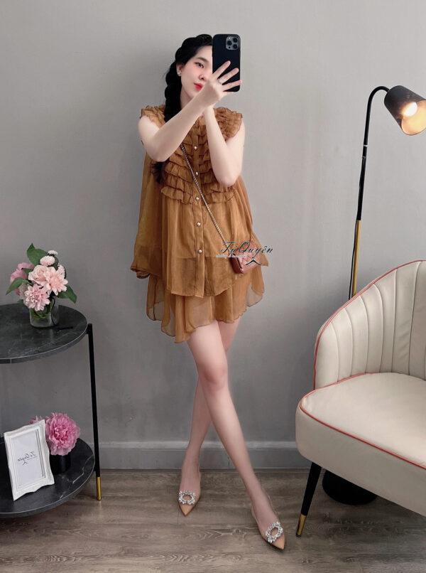 Set Áo Sơ Mi Voan Cổ Tròn Phối Bèo và Chân Váy Voan Phân Tầng - Thiết Kế Điệu Đà, Nữ Tính - Hình ảnh 5