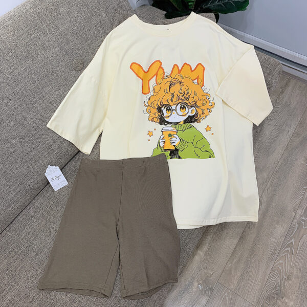 Set Áo Thun Cổ Tròn In Hình Tay Lỡ & Quần Short Legging Lưng Thun - Hình ảnh 9