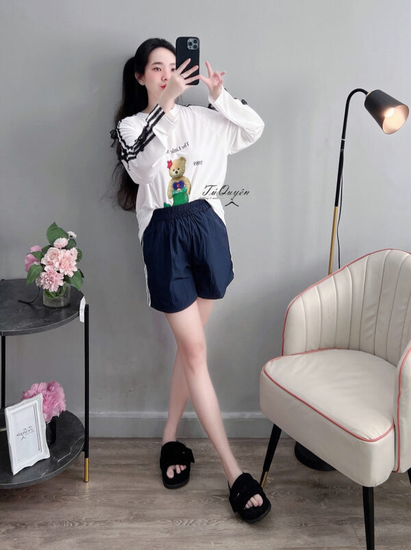 Set áo thun cổ tròn hình gấu tay dài và quần ngắn lưng thun - Hình ảnh 5
