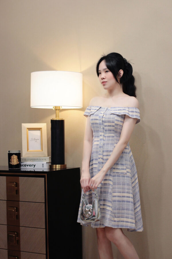 Váy Midi Trễ Vai Kẻ Khuy Dọc Thô Đũi Thanh Lịch Đi Chơi Du Lịch Hàng Thiết Kế - Hình ảnh 7