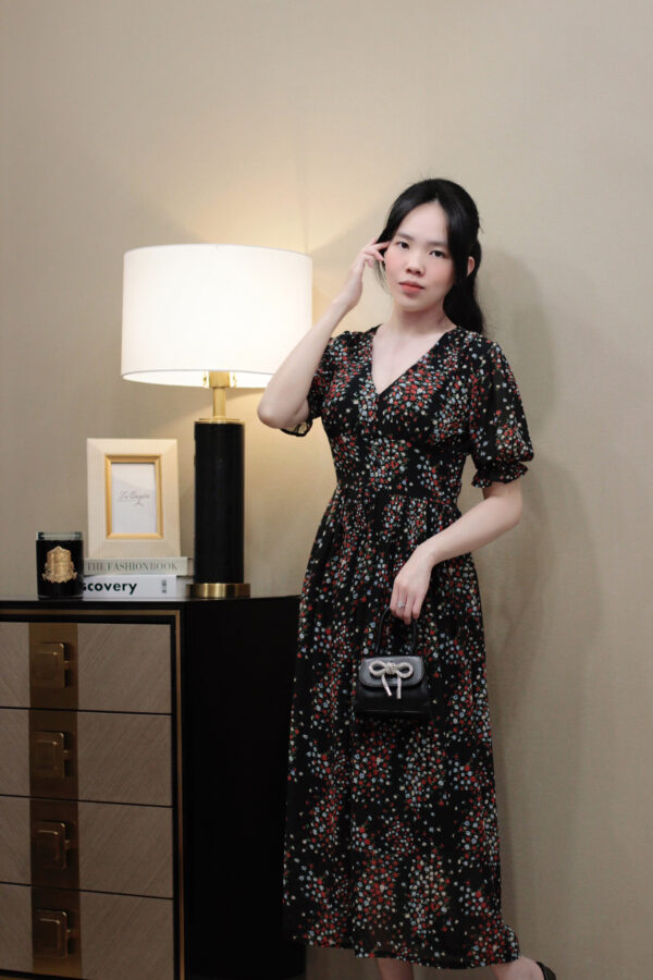 Váy Midi Hoa Cổ V Khuy Ngực Tay Ngắn Voan Qua Gối Thích Hợp Đi Tiệc, Đi Chơi, Du Lịch - Ảnh 3