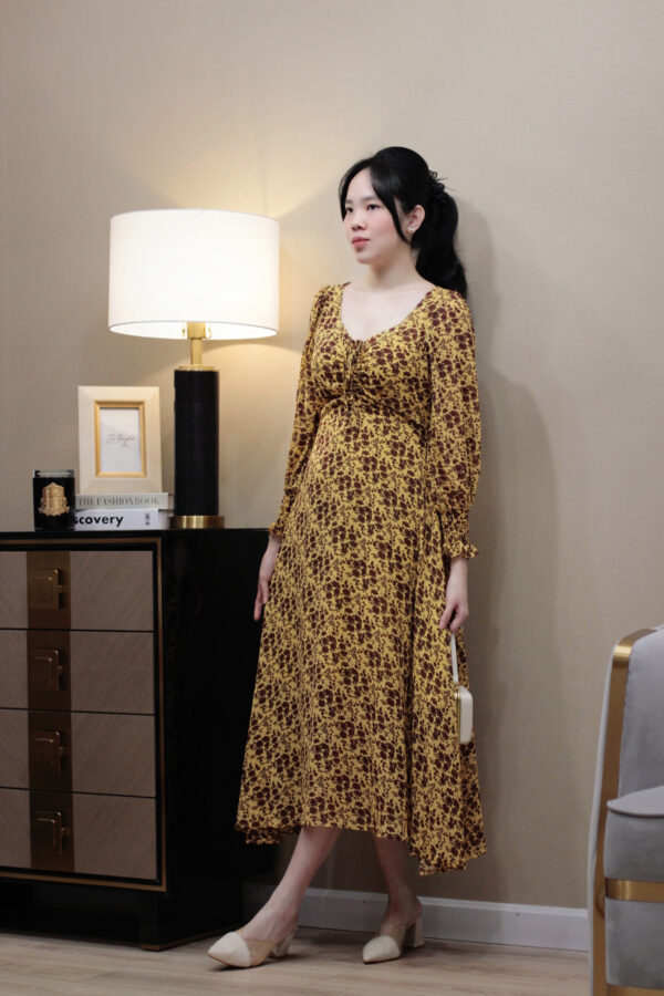 Váy Midi Cổ Vuông Rút Ngực Họa Tiết Hoa Lá Tay Dài Phong Cách Thời Trang Nữ Tính, Thanh Lịch - Hình ảnh 8