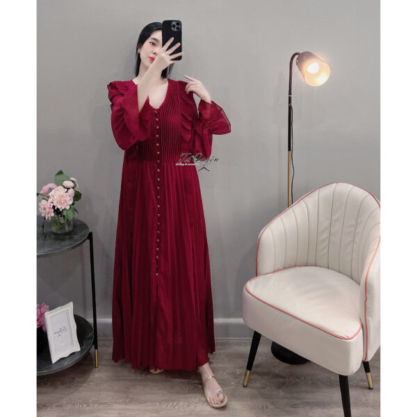 Váy Midi Cổ Tim Xếp Ly Viền Bèo Nút Dọc Tay Dài Voan - Ảnh 6
