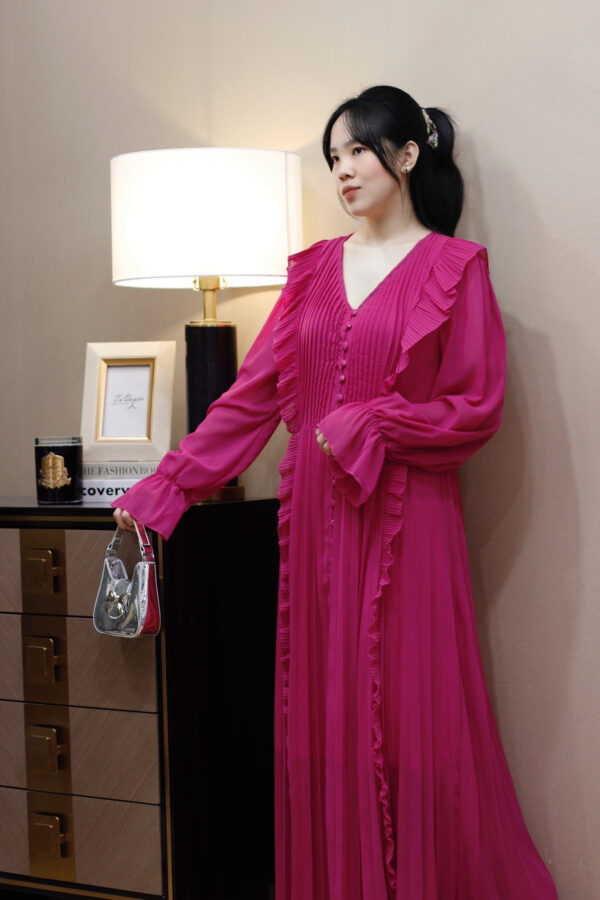 Váy Midi Cổ Tim Xếp Ly Viền Bèo Nút Dọc Tay Dài Voan - Ảnh 8