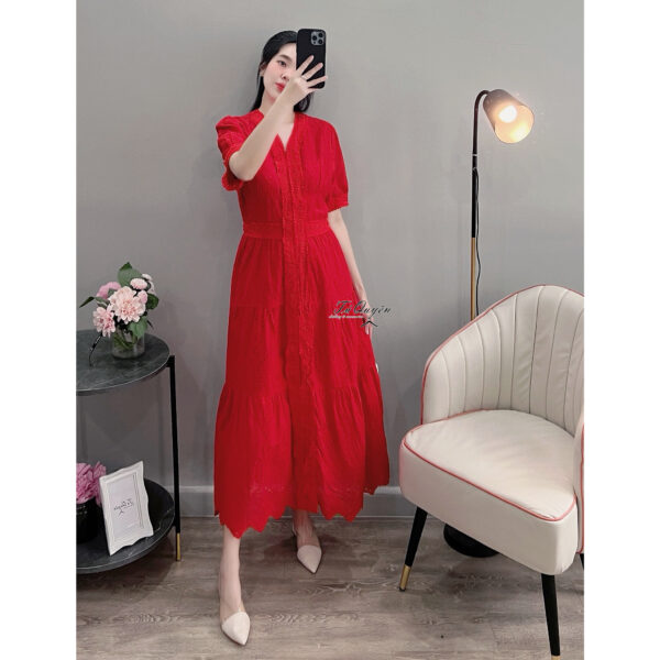Váy Midi Cổ Tim Viền Ren Chiết Eo Tay Ngắn - Thiết Kế Thanh Lịch, Chất Liệu Cao Cấp - Ảnh 5