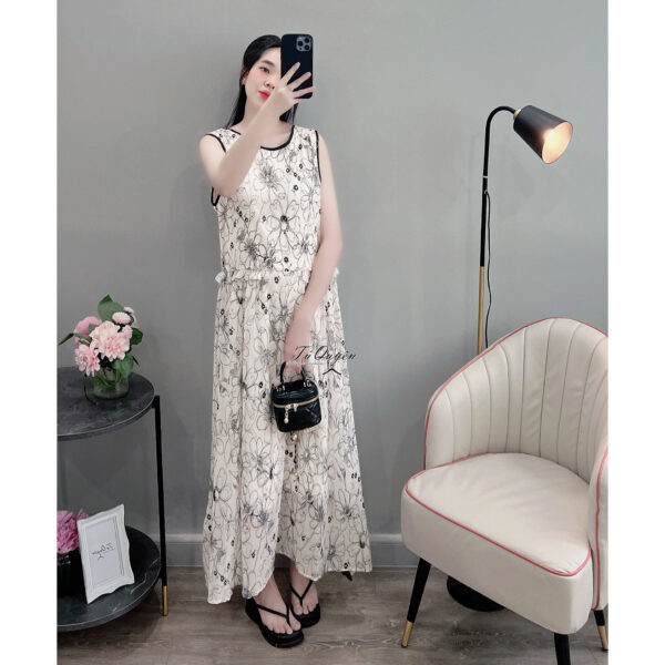 Váy Midi Voan Hoa Chiết Eo Cột Nơ Sau Sát Nách - Thích Hợp Cho Dạo Phố, Đi Tiệc - Hình ảnh 5
