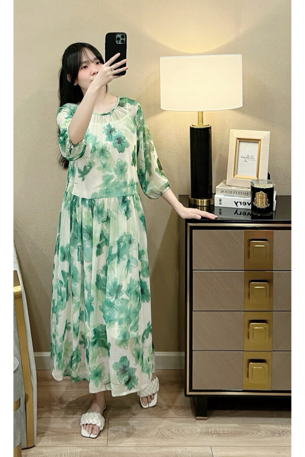 Váy Midi Voan Hoa Cổ Tròn Chiết Eo Tay Ngắn - Phong Cách Thanh Lịch, Duyên Dáng - Ảnh 8
