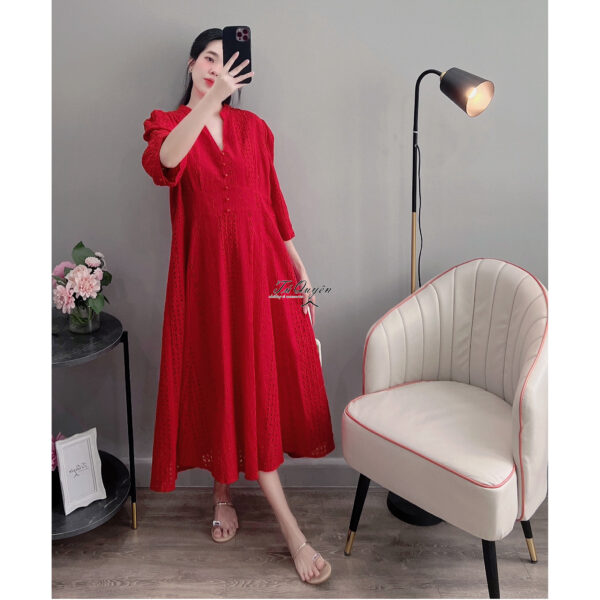 Váy Midi Cổ V Đính Nút Chiết Eo Tay Ngắn Dáng Rộng Qua Gối Thích Hợp Đi Chơi Hàng Ngày - Ảnh 6