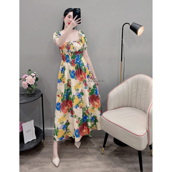 Váy Midi Hoa Cổ Thuyền Bo Chun Cup Ngực Tay Ngắn Phồng Bo Chun - Thô Lửng Vừa Người Đi Chơi Du Lịch - Ảnh 5