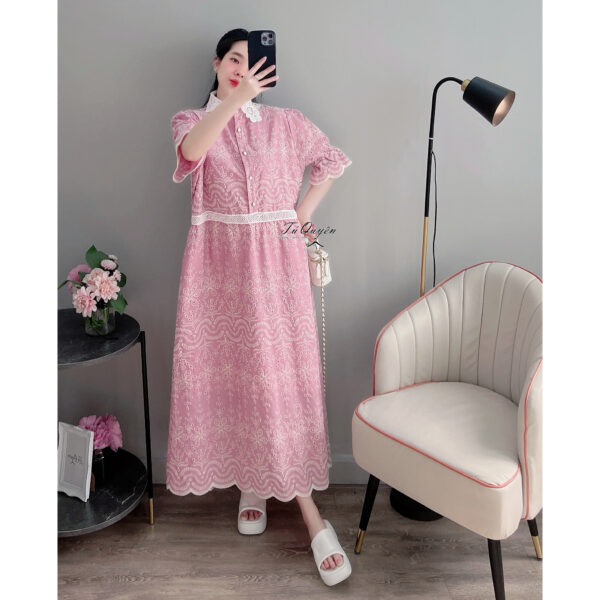 Váy Midi Thêu Hoa Cổ Phối Ren Nút Dọc Tay Ngắn Bo Chun - Thiết Kế Thanh Lịch, Chất Liệu Thô Thoáng Mát - Hình ảnh 12