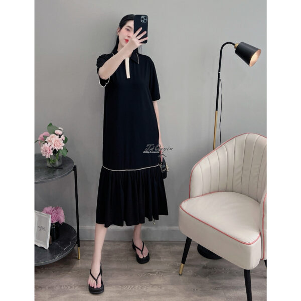 Váy Midi Thun Cổ Sơ Mi Nút Dọc Đuôi Xếp Ly - Phong Cách Daily, Đi Chơi - Ảnh 2