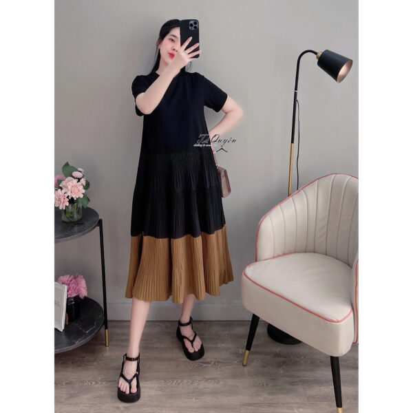 Váy Midi Thun Cổ Tròn Phân Tầng Xếp Ly Tay Ngắn - Phong Cách Daily, Đi Chơi - Hình ảnh 7