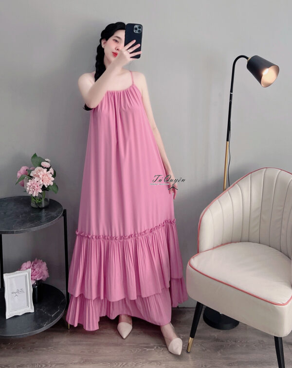 Váy Midi Hai Dây Cổ Yếm Phối Voan Phân Tầng Dự Tiệc, Đi Chơi - Ảnh 4
