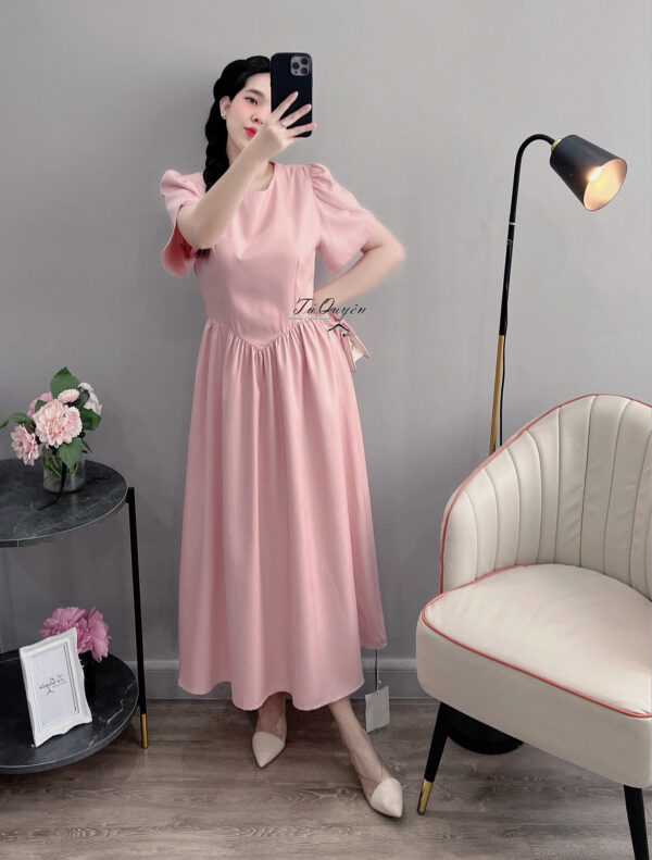 Váy Midi Cổ Tròn Chiết Eo Khóa Kéo Sau Tay Ngắn - Hình ảnh 5