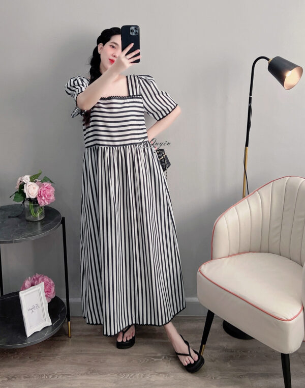 Váy Midi Kẻ Sọc Cổ Vuông Thanh Lịch - Thiết Kế Tay Ngắn, Phù Hợp Đi Tiệc Nhẹ - Hình ảnh 5
