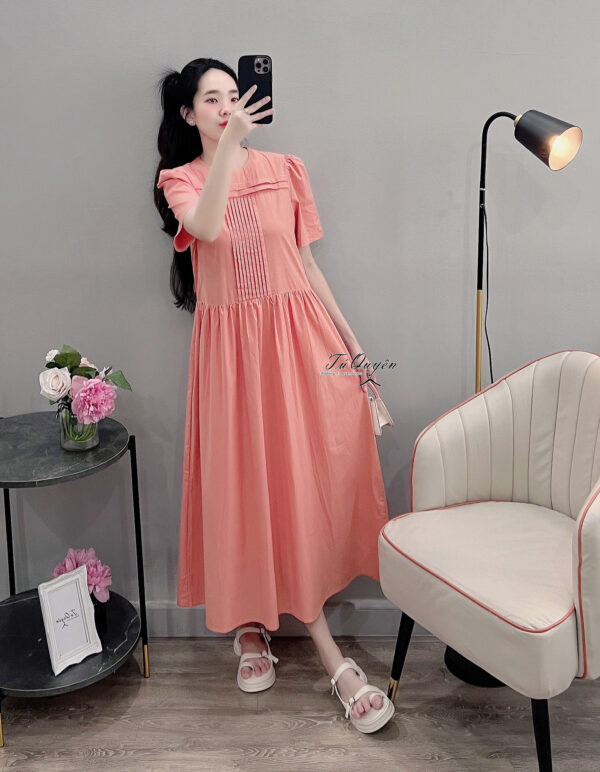 Váy Midi Cổ Tròn Xếp Ly Ngực Khóa Kéo Sau Có Lót Tay Ngắn - Hình ảnh 5