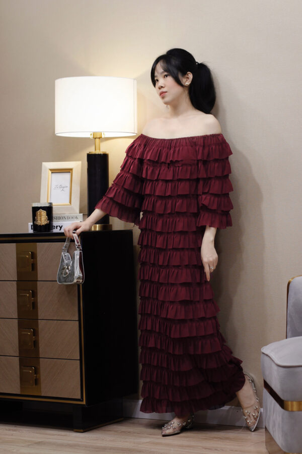 Váy Midi Voan Trễ Vai Xếp Tầng Tay Ngắn Có Lót - Thiết Kế Thanh Lịch, Phù Hợp Đi Chơi, Du Lịch - Ảnh 4