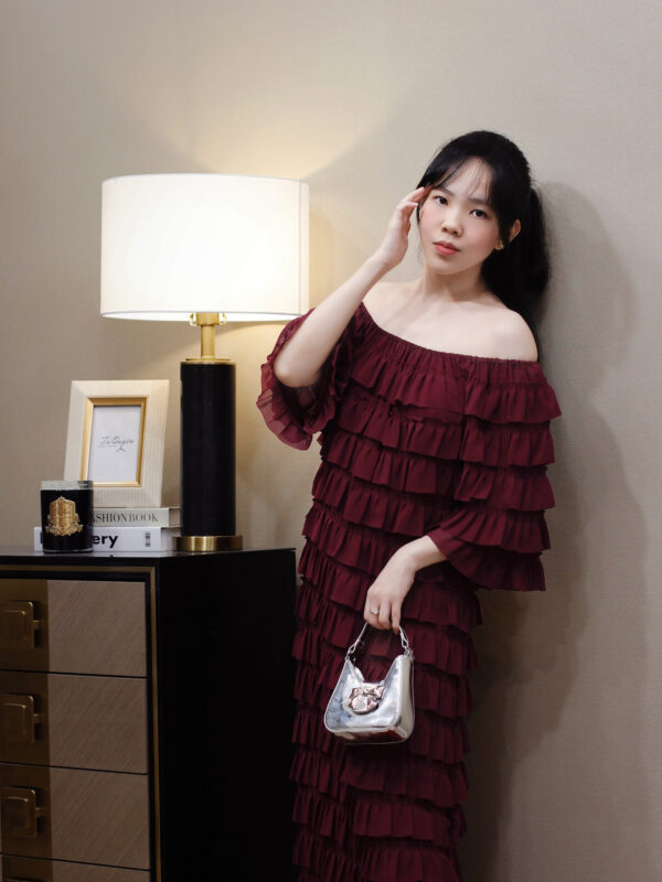Váy Midi Voan Trễ Vai Xếp Tầng Tay Ngắn Có Lót - Thiết Kế Thanh Lịch, Phù Hợp Đi Chơi, Du Lịch - Ảnh 2