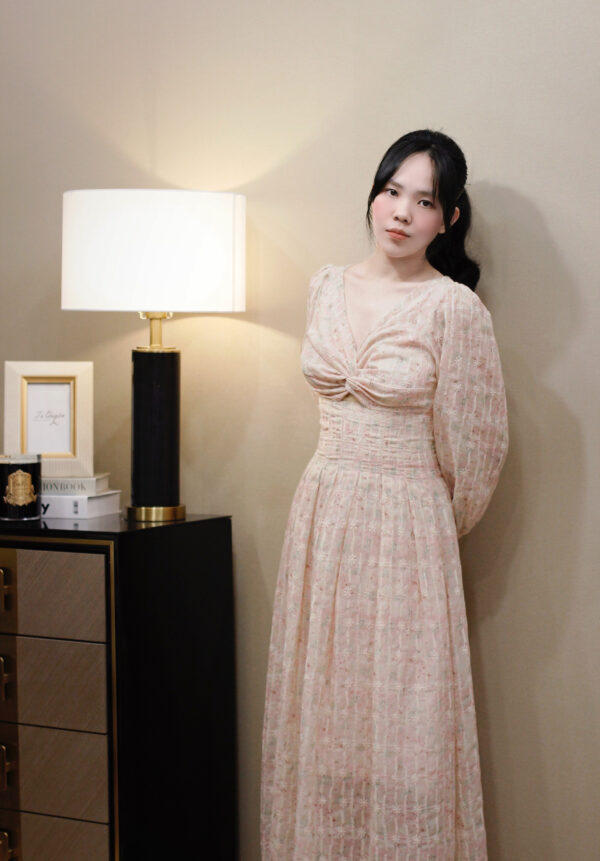 Váy Midi Voan Thêu Hoa Cổ Tim Xoắn Ngực Chiết Eo Tay Lỡ Bo Chun Có Lót - Thiết Kế Thanh Lịch, Phù Hợp Đi Tiệc, Đi Chơi, Du Lịch - Ảnh 6