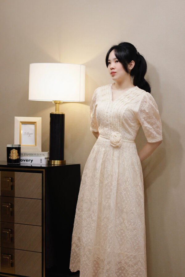 Váy Midi Voan Thêu Hoa Cổ V Phối Ren Đính Hoa Chiết Eo Tay Ngắn Có Lót - Trang phục đi tiệc nhẹ, đi làm - Ảnh 12