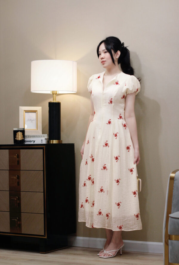 Váy Midi Voan Thêu Hoa Chiết Eo Tay Ngắn Bo Chun Dây Kéo Trước - Đi Chơi, Du Lịch - Ảnh 8