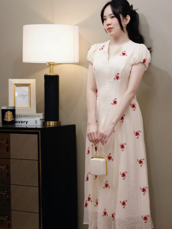 Váy Midi Voan Thêu Hoa Chiết Eo Tay Ngắn Bo Chun Dây Kéo Trước - Đi Chơi, Du Lịch - Ảnh 6