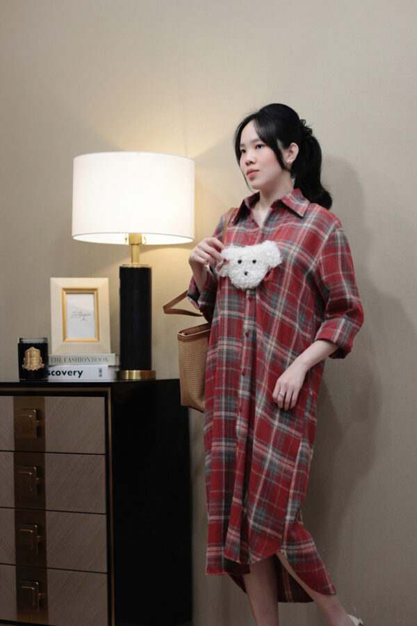 Váy Midi sơ mi ca rô nút dọc tay dài cài nút - Hình ảnh 6