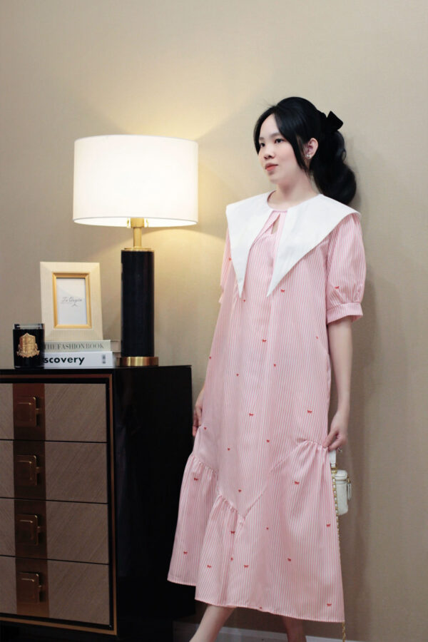 Váy Midi Kẻ Sọc Hình Nơ Túi Bên Tay Ngắn Bo - Thích Hợp Cho Các Hoạt Động Hàng Ngày, Đi Chơi, Du Lịch - Hình ảnh 3