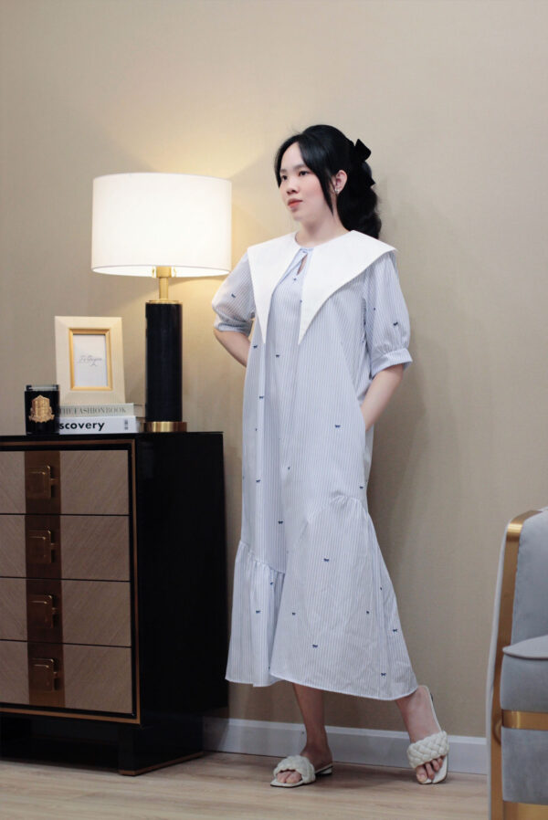 Váy Midi Kẻ Sọc Hình Nơ Túi Bên Tay Ngắn Bo - Thích Hợp Cho Các Hoạt Động Hàng Ngày, Đi Chơi, Du Lịch - Hình ảnh 19