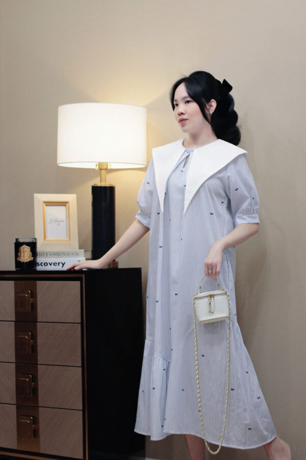 Váy Midi Kẻ Sọc Hình Nơ Túi Bên Tay Ngắn Bo - Thích Hợp Cho Các Hoạt Động Hàng Ngày, Đi Chơi, Du Lịch - Hình ảnh 18