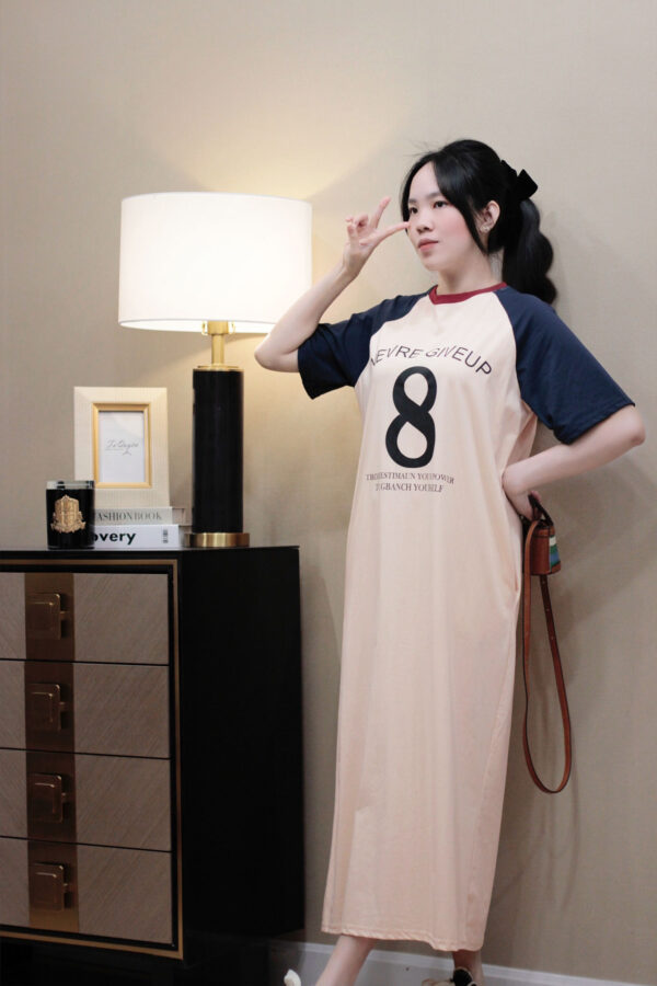 Váy Midi Thun Cổ Tròn In Chữ Và Số Tay Ngắn - Hình ảnh 14