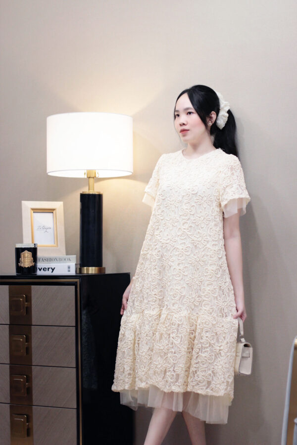 Váy Midi Ren Cổ Tròn Phối Lưới Tay Ngắn Có Lót - Trang Phục Hoàn Hảo Cho Mọi Dịp - Hình ảnh 6