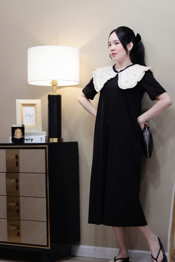 Váy Midi Thun Cổ Tròn Phối Voan Đính Hạt Tay Ngắn - Ảnh 2