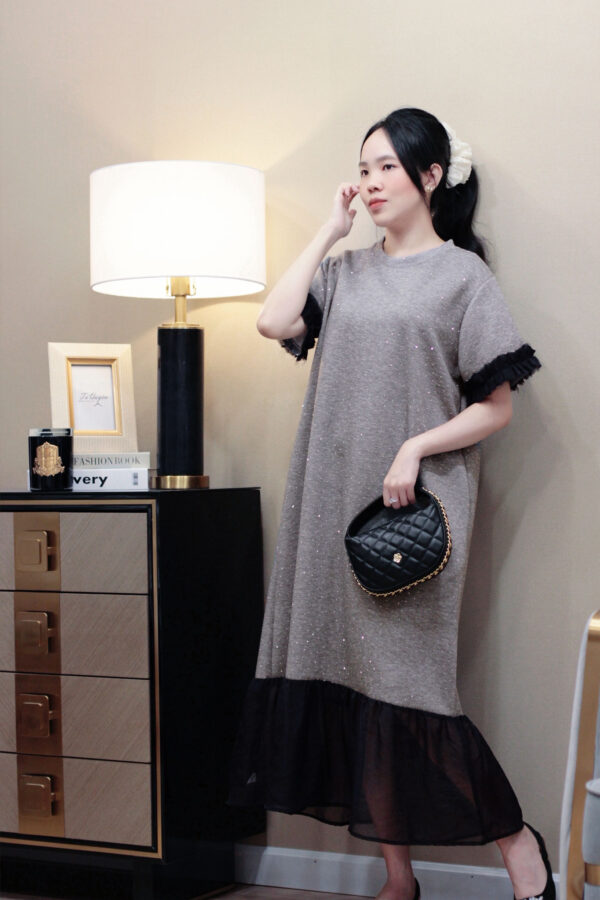 Váy Midi thun cổ tròn đính đá đuôi cá voan tay ngắn - Ảnh 12