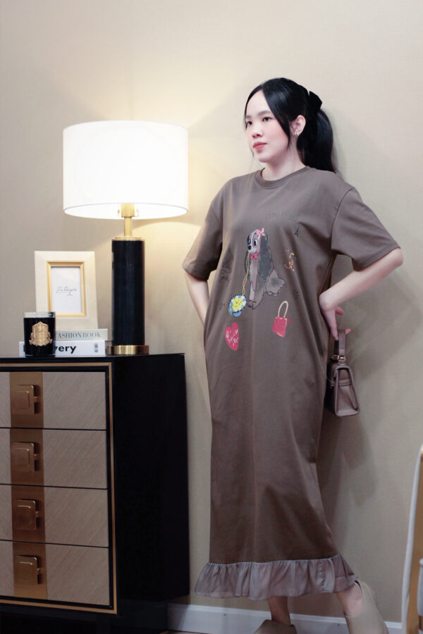 Váy Midi Thun Cổ Tròn Hình Cún Túi 2 Bên Tay Ngắn Phong Cách Đi Chơi - Hình ảnh 6