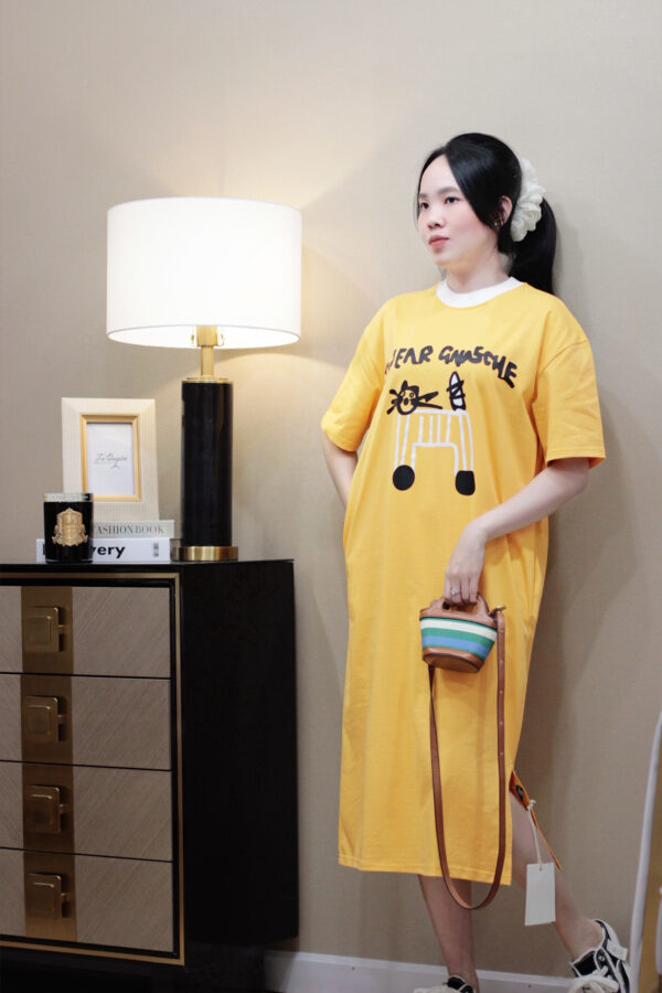 Váy Midi Thun Cổ Tròn Hình Mèo In Chữ Túi 2 Bên Xẻ Tà Tay Ngắn - Ảnh 12