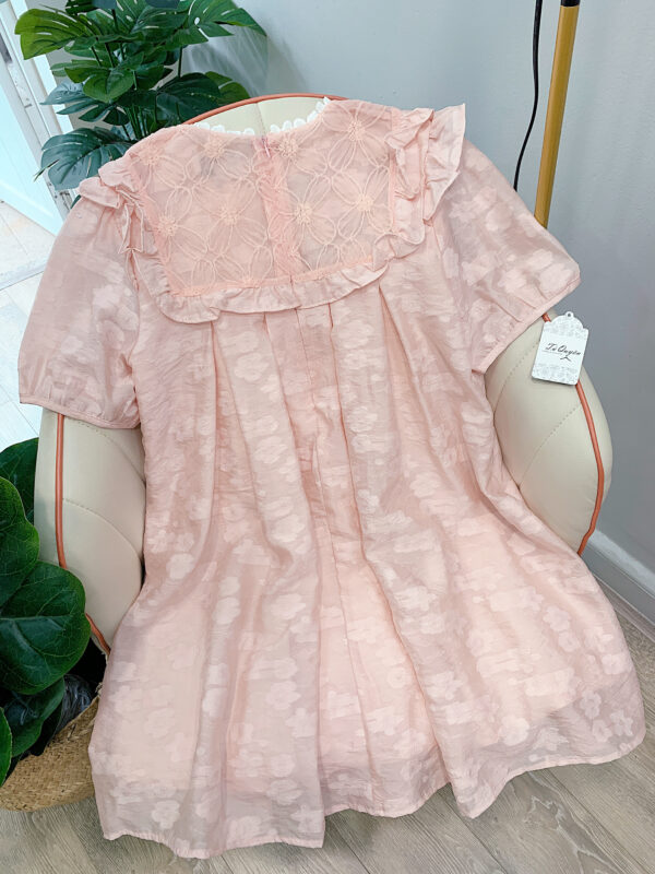 Váy suông cổ tròn ren đính hoa tay ngắn bo - Ảnh 4
