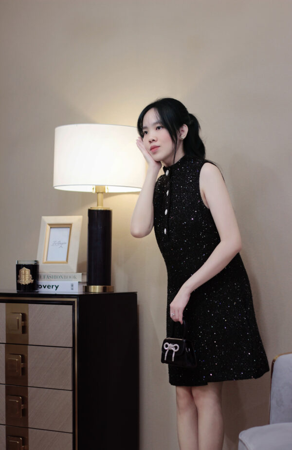 Váy Suông Cổ Cao Kết Cườm Nút Dọc Sát Nách Lót Dạ Trơn Dự Tiệc, Đi Chơi - Sang Trọng, Quý Phái - Hình ảnh 4