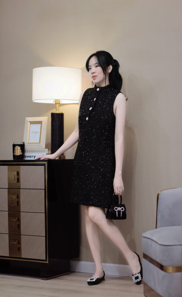 Váy Suông Cổ Cao Kết Cườm Nút Dọc Sát Nách Lót Dạ Trơn Dự Tiệc, Đi Chơi - Sang Trọng, Quý Phái