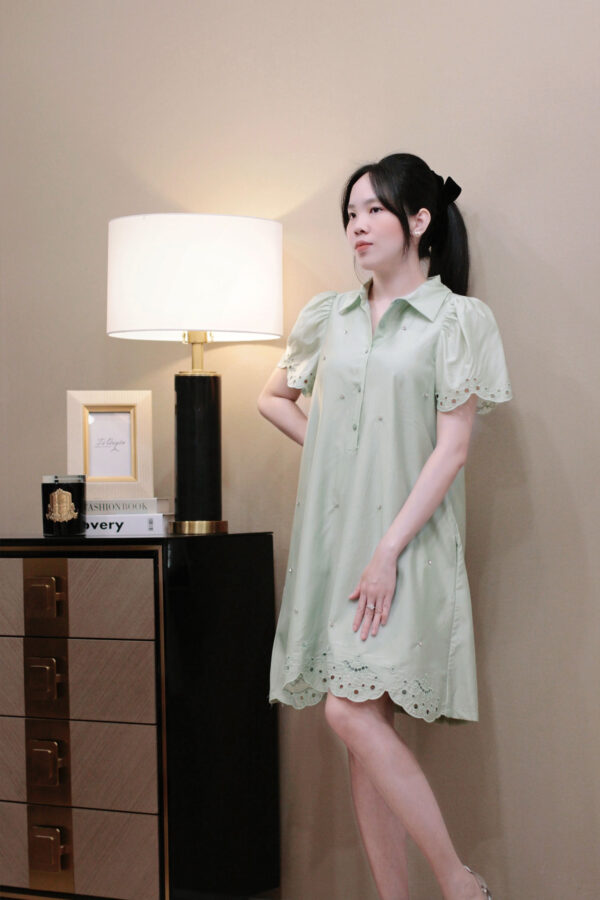 Váy suông cổ sơ mi nút dọc đính đá - Hình ảnh 8