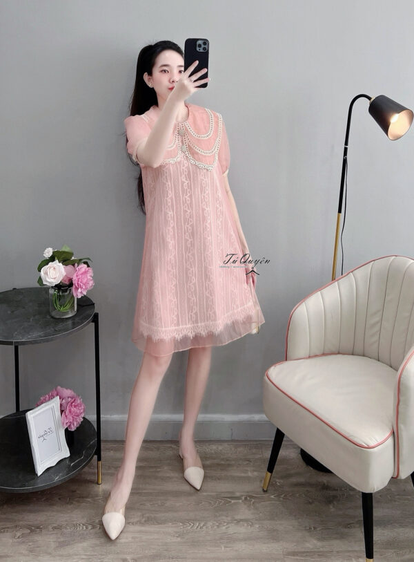 "Váy xòe voan cổ tròn lót ren tay phồng ngắn cài nút dự tiệc nhẹ nhàng" - Ảnh 5