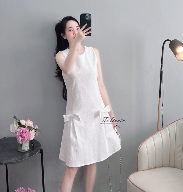 Váy xòe cổ tròn sát nách đính nơ trước eo có lớp lót - lựa chọn hoàn hảo cho các nàng - Ảnh 5